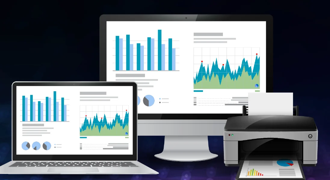 Laptop, desktop monitor and printer displaying business dashboards