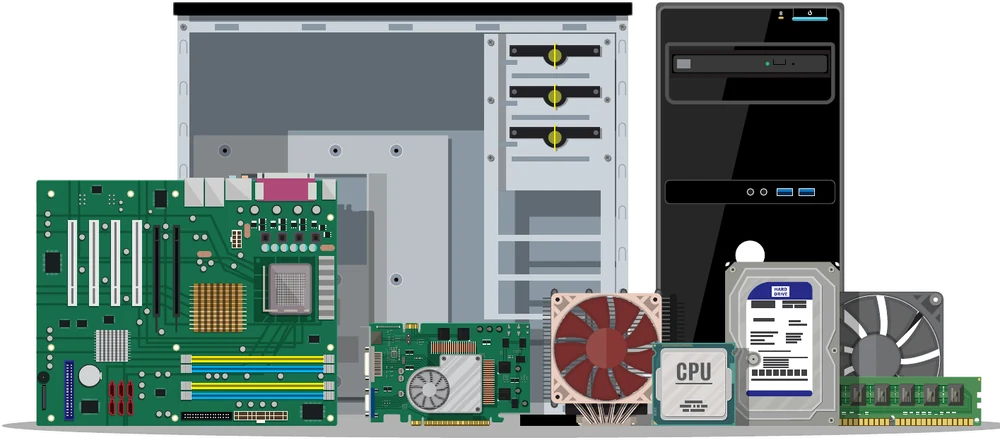 Motherboard, graphics card, CPU, cooler, hard drive and cabinet