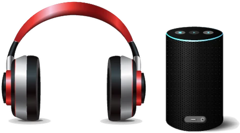 Over-ear headphones and a smart speaker