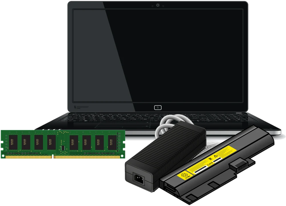 Laptop with memory module, power adapter and battery